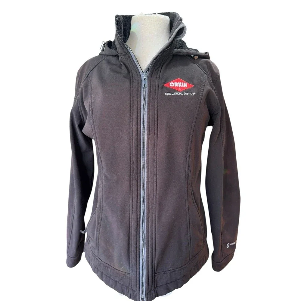 Orkin Employee Black Hooded Jacket Womens Medium Soft Shell Embroidered Logo - Picture 1 of 4